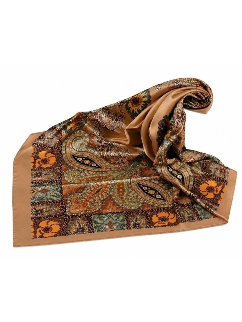 35x35 Satin Paisley Square Scarf Camel Sage Green Orange Western Hair Scarf